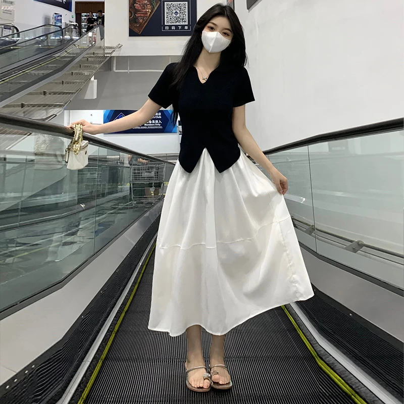 大码女装夏装微胖减龄短袖V领上衣半身裙显瘦遮肉高级感两件套装