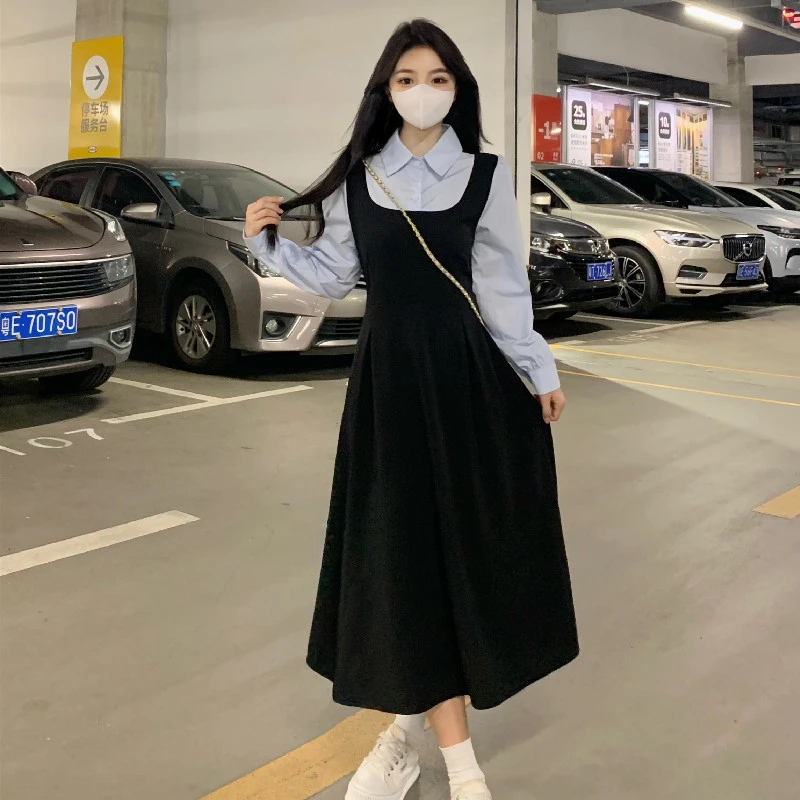 大码polo领假两件长袖连衣裙女秋季穿搭裙子胖mm遮肚显瘦黑色长裙