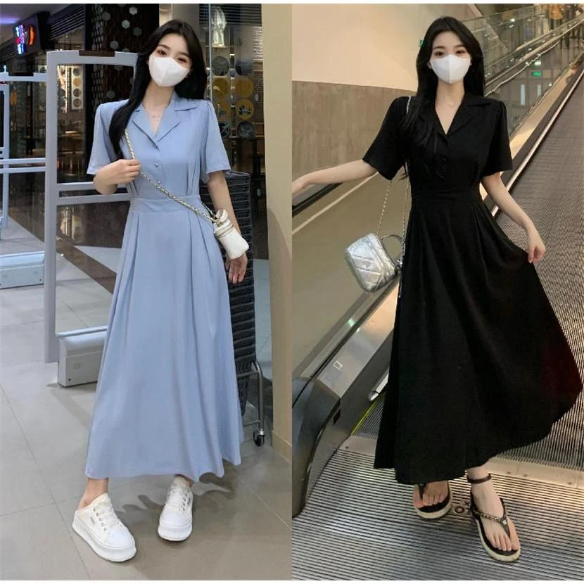 大码夏季新款赫本长款衬衫裙子女法式复古茶歇收腰显瘦短袖连衣裙
