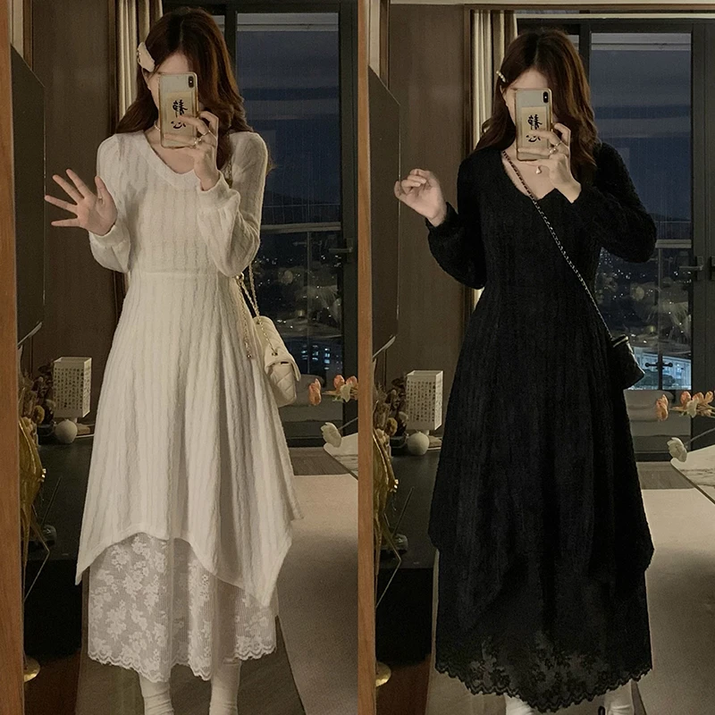 大码法式温柔风蕾丝拼接针织连衣裙女2024秋冬假两件气质长裙子