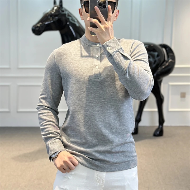 古帝特尼秋冬新款男士情侣纯色时尚百搭舒适亲肤亨利领长袖Z-2396