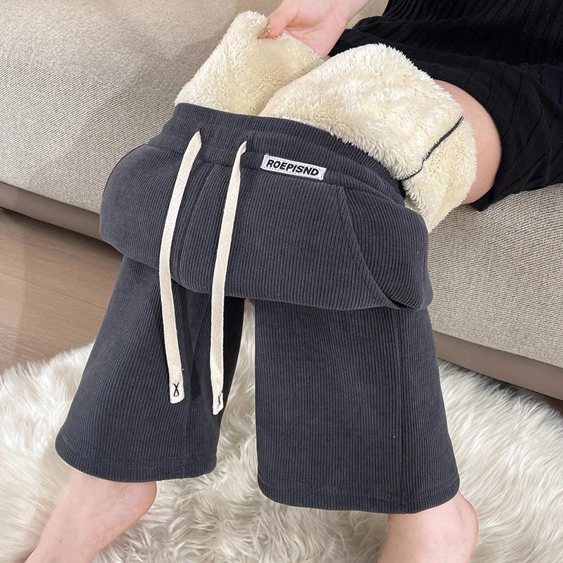 羊羔绒裤子女秋冬季加绒加厚窄版雪尼尔阔腿直筒特厚休闲大码棉裤