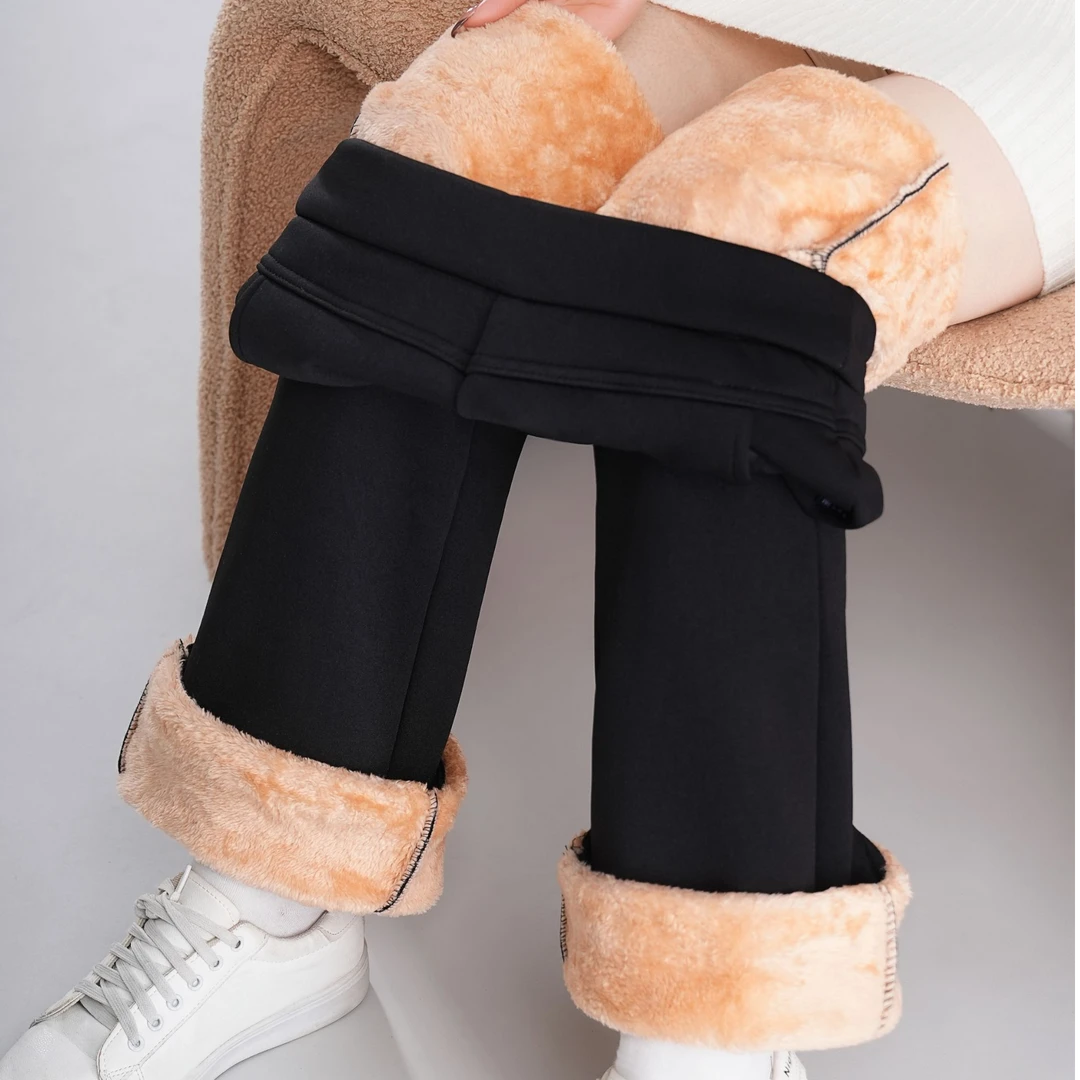 加绒微喇裤子女秋冬季高腰窄版阔腿裤保暖棉裤加厚羊羔绒喇叭裤女