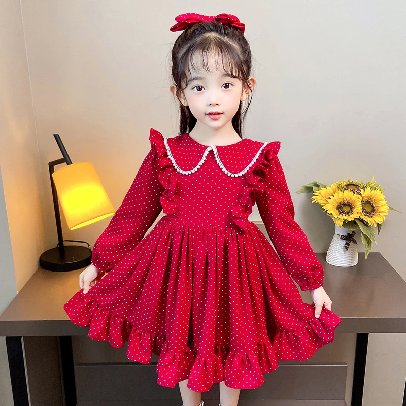 女童连衣裙2023春秋长袖红色波点韩版公主裙小女孩洋气公主裙子