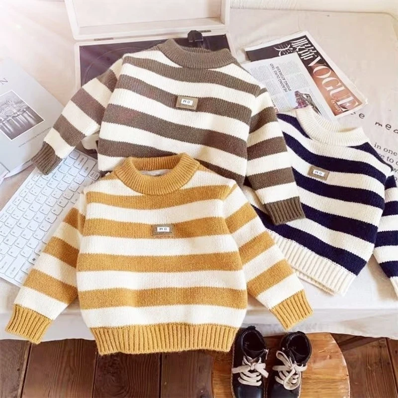 毛衣男童秋冬新款儿童条纹打底衫加绒加厚针织衫宝宝保暖上衣双层