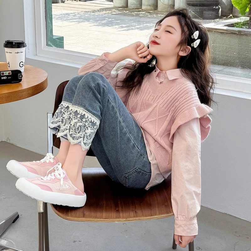女大童秋季套装洋气2025新款青少年针织马甲背心衬衫牛仔裤三件套