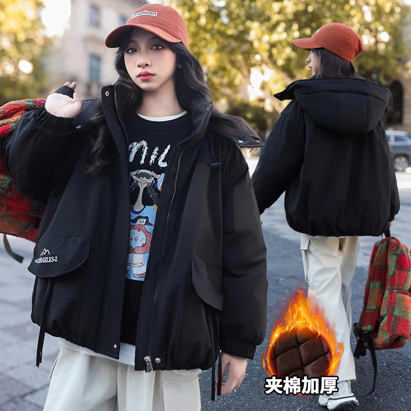 女大童冬装外套夹棉加厚上衣洋气青少年保暖连帽棉服休闲棉袄棉衣