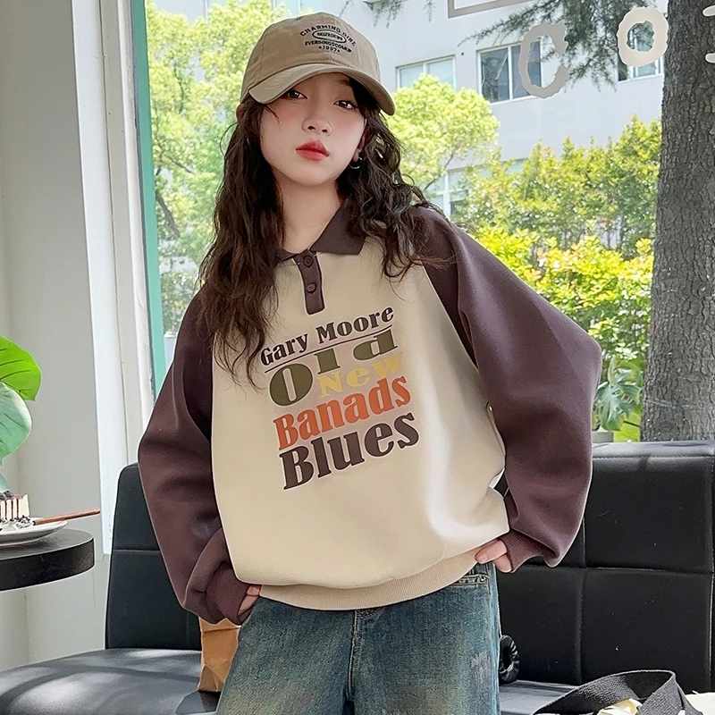 女大童秋装卫衣洋气青少年初高中生POLO衫套头打底衫休闲运动上衣