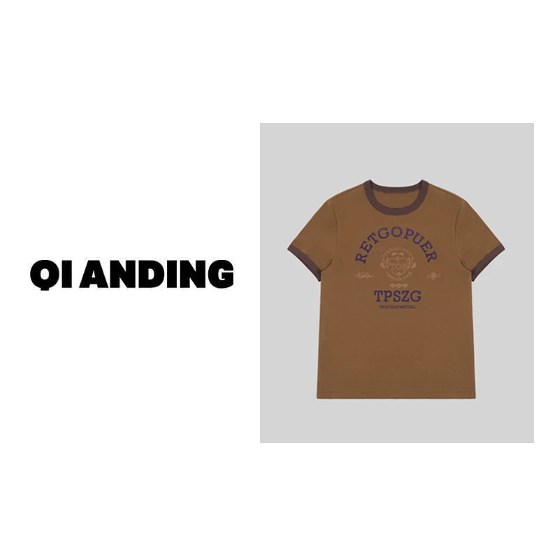 【QIANDING】2024新款“美式t”时尚潮流印花短袖242110