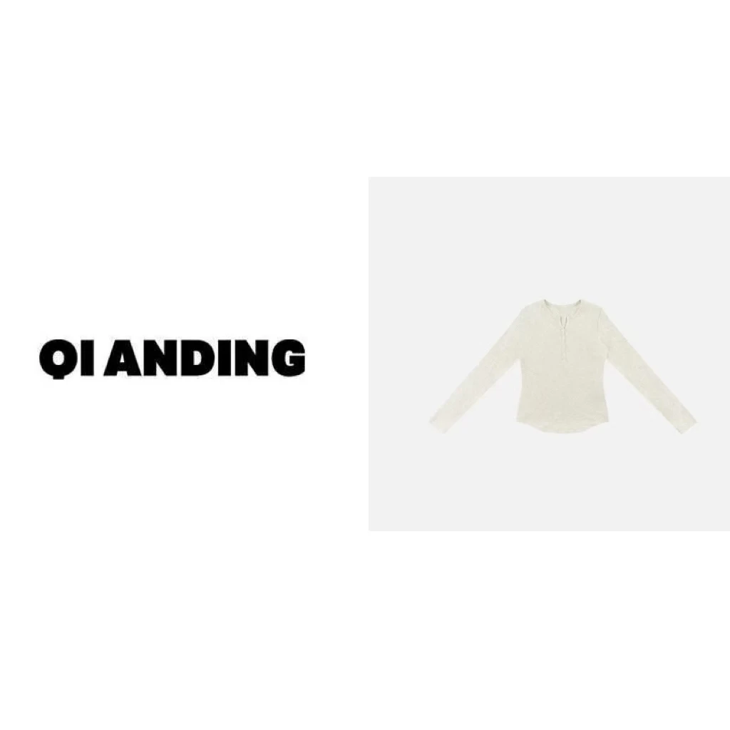 【QIANDING】2024新款简约纯色V领修身不规则长袖T恤246671