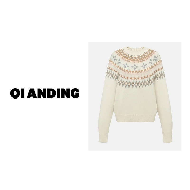 【QIANDING】2024新款复古"费尔岛"圆领针织衫249030