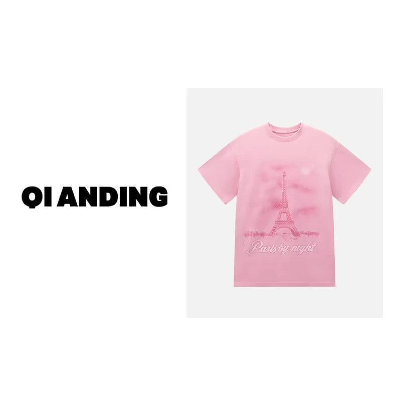 【QIANDING】2024新款“巴黎粉T”时尚潮流夏季短袖241040
