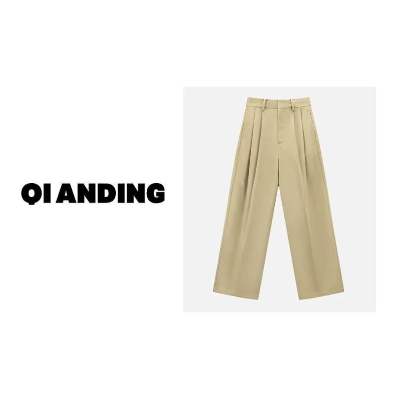 【QIANDING】2024新款“裤王”100棉复古休闲裤纯色百搭阔腿裤245036