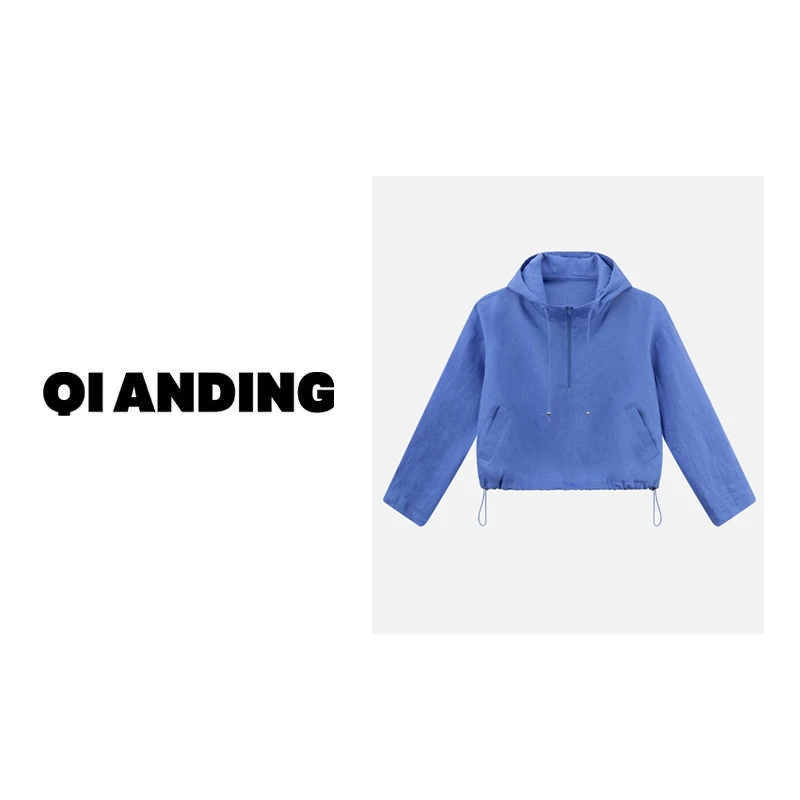 【QIANDING】"蓝希"时尚半拉链连帽长袖纯色休闲上衣24271