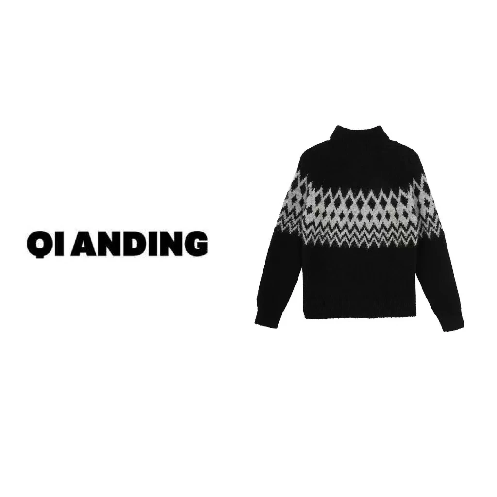 【QIANDING】2024新款'’法式高领菱格“复古长袖针织衫246701