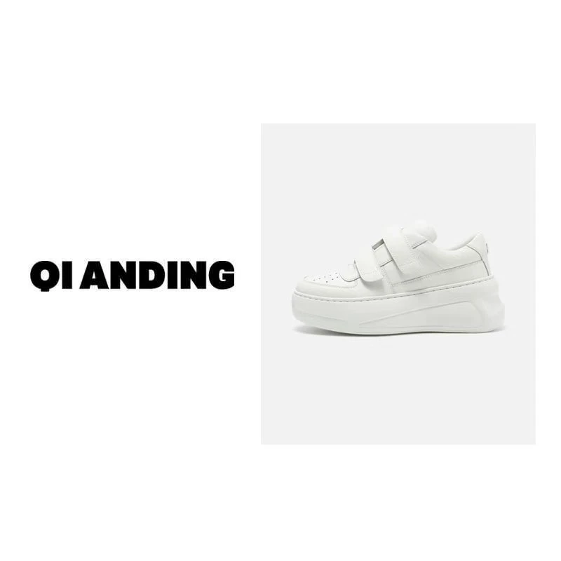 【QIANDING】2024新款时尚透气厚底休闲鞋纯色魔术贴女鞋246001
