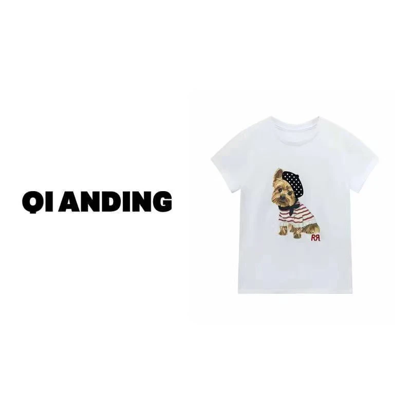 【QIANDING】2024新款"快乐小狗"夏季小众短袖显瘦上衣 242054