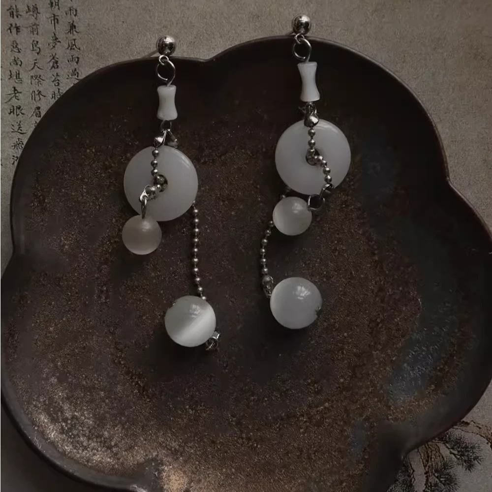 合金耳饰 新中式耳饰《玉珠连》小众设计古典百搭银色长耳环耳钉