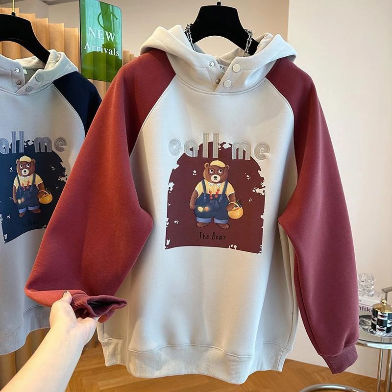 韩版设计感童趣风小熊印花大码宽松300斤休闲连帽加绒卫衣女秋冬