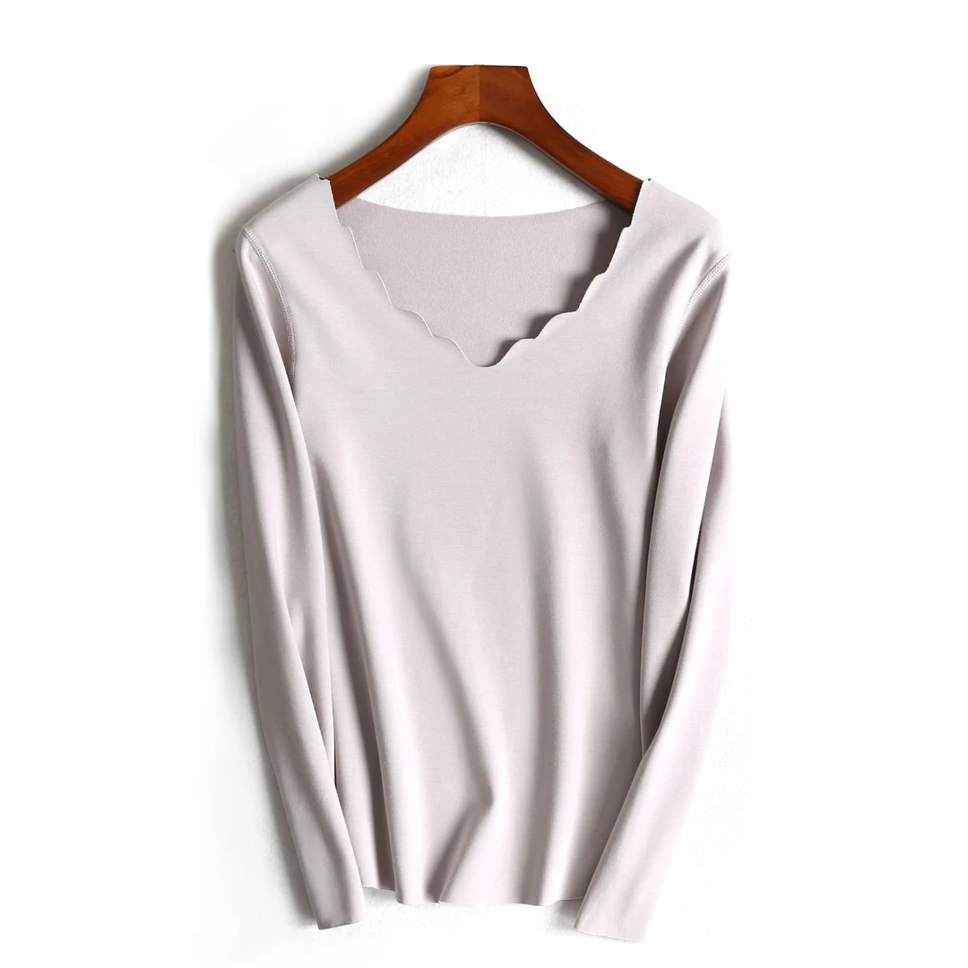 8011德绒发热打底衫保暖内衣女秋衣加薄绒秋冬花瓣领