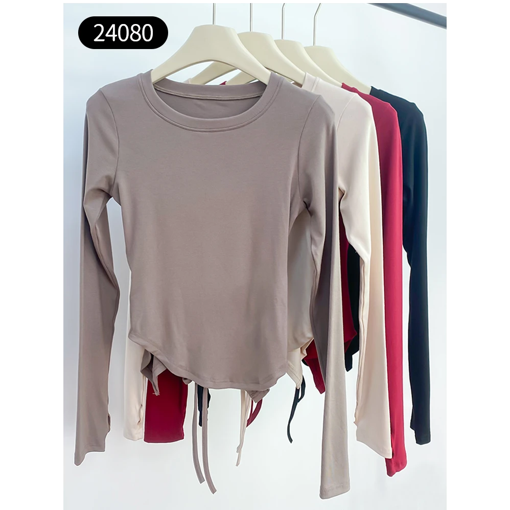 24080个性减龄露腰圆领绑带长袖T恤新款韩版女装修身套头上衣