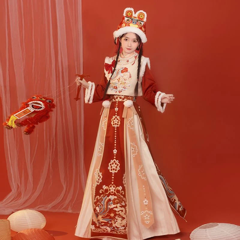 原创汉服女[无忧]圆领比甲加绒加厚改良汉元素冬季拜年服红色