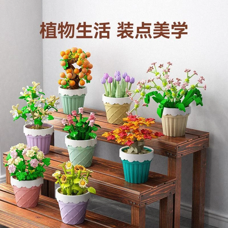 森宝多肉积木花植物拼装玩具摆件男友送女朋友创意生日礼物精致