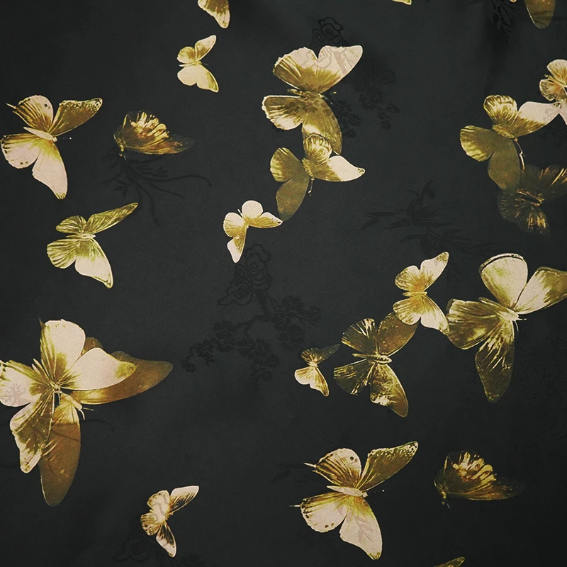 207087《鎏金蝴蝶》真丝香云纱面料140门幅30姆米