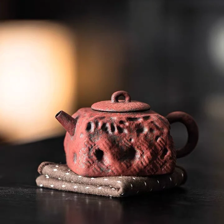 【有福器-赭石红千枚岩方壶100ml】老岩泥茶器复古诧寂风创意茶壶