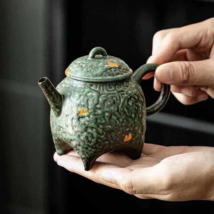 【有福器-青铜绿四足月壶】老岩泥茶器复古诧寂风粗陶创意茶壶