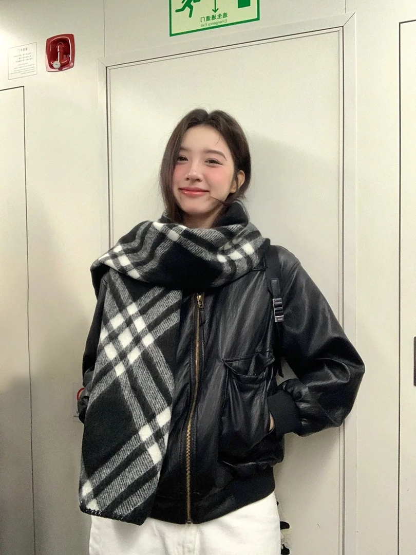 全智贤同款 经典高级百搭黑白格纹羊毛混纺格纹围巾保暖小披肩