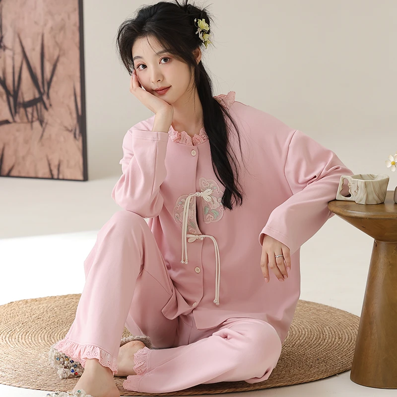 秋冬国风女士宽松时尚甜美长袖大码印花唐装扣可外出家居服套装