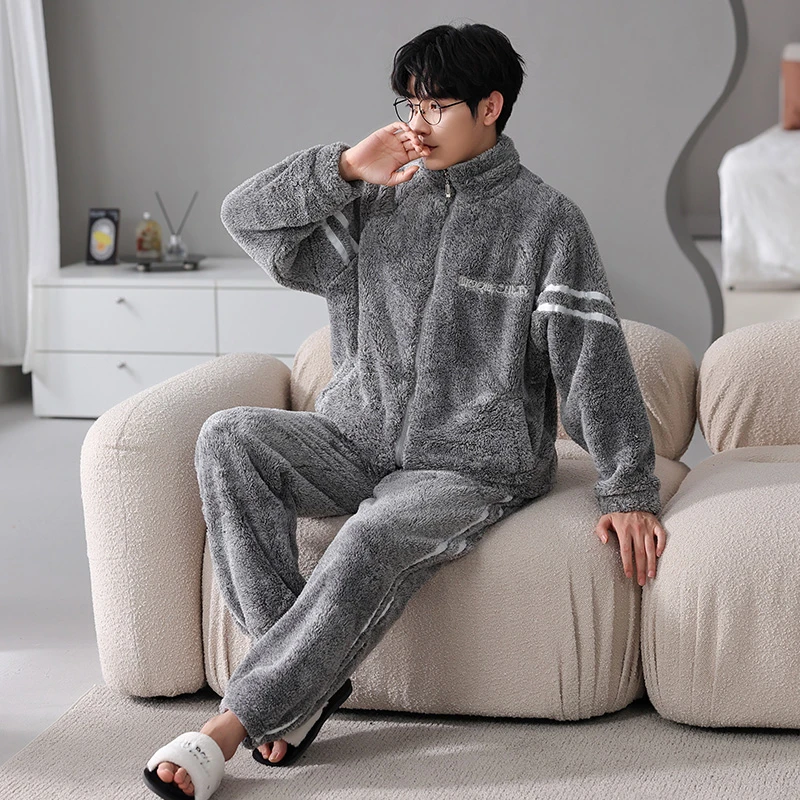 冬款立领毛茸茸加绒加厚宽松休闲舒适时尚大码可外出睡衣男套装
