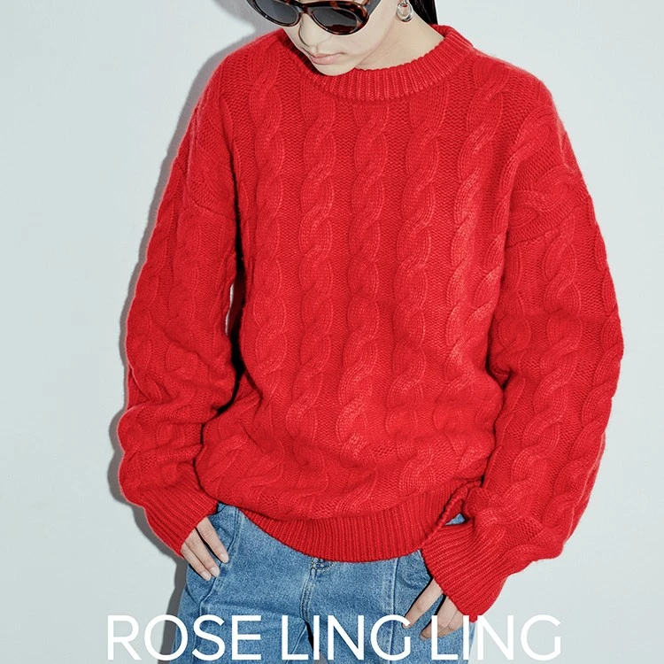 秋冬圆领毛衣女重磅扭花100羊毛衫针织羊毛宽松套头慵懒加厚打底