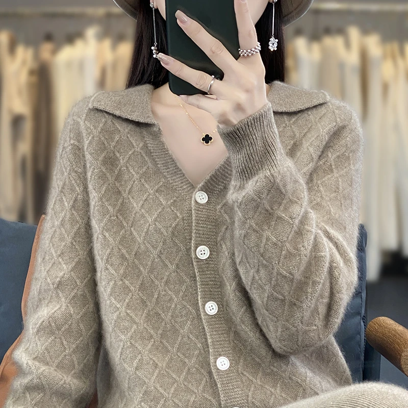 小扭花polo领100%羊毛衫女翻领开衫毛衣宽松麻花毛衣羊毛针织外套