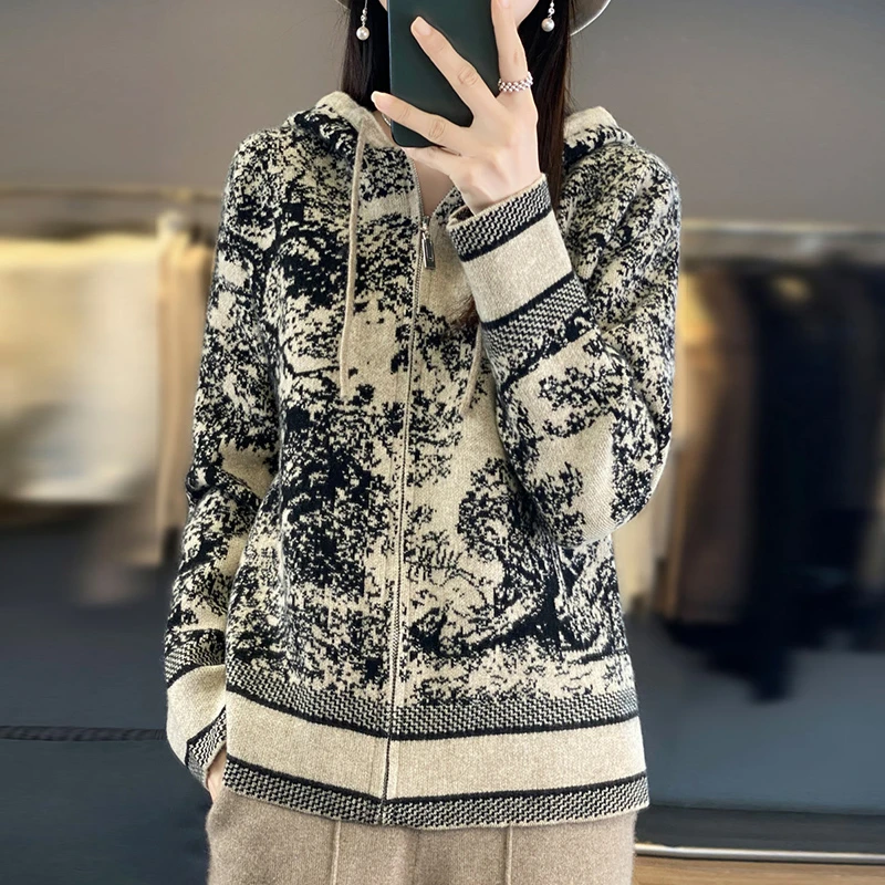 秋冬新款加厚羊毛拉链开衫女帽衫提花宽松毛衣外套水墨画减龄上衣