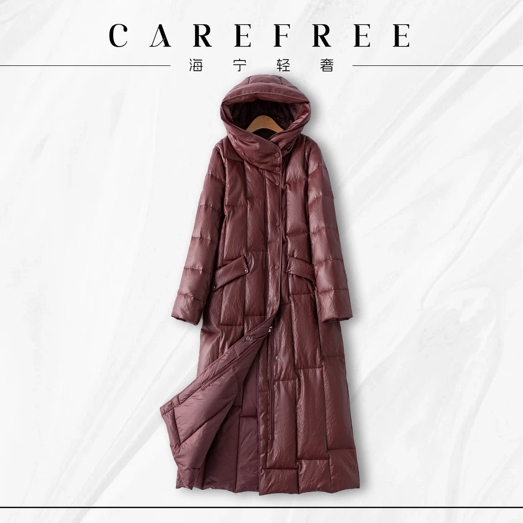 【CAREFREE轻奢】9913海宁真皮女冬季新款羽绒服长款过膝大码皮羽绒