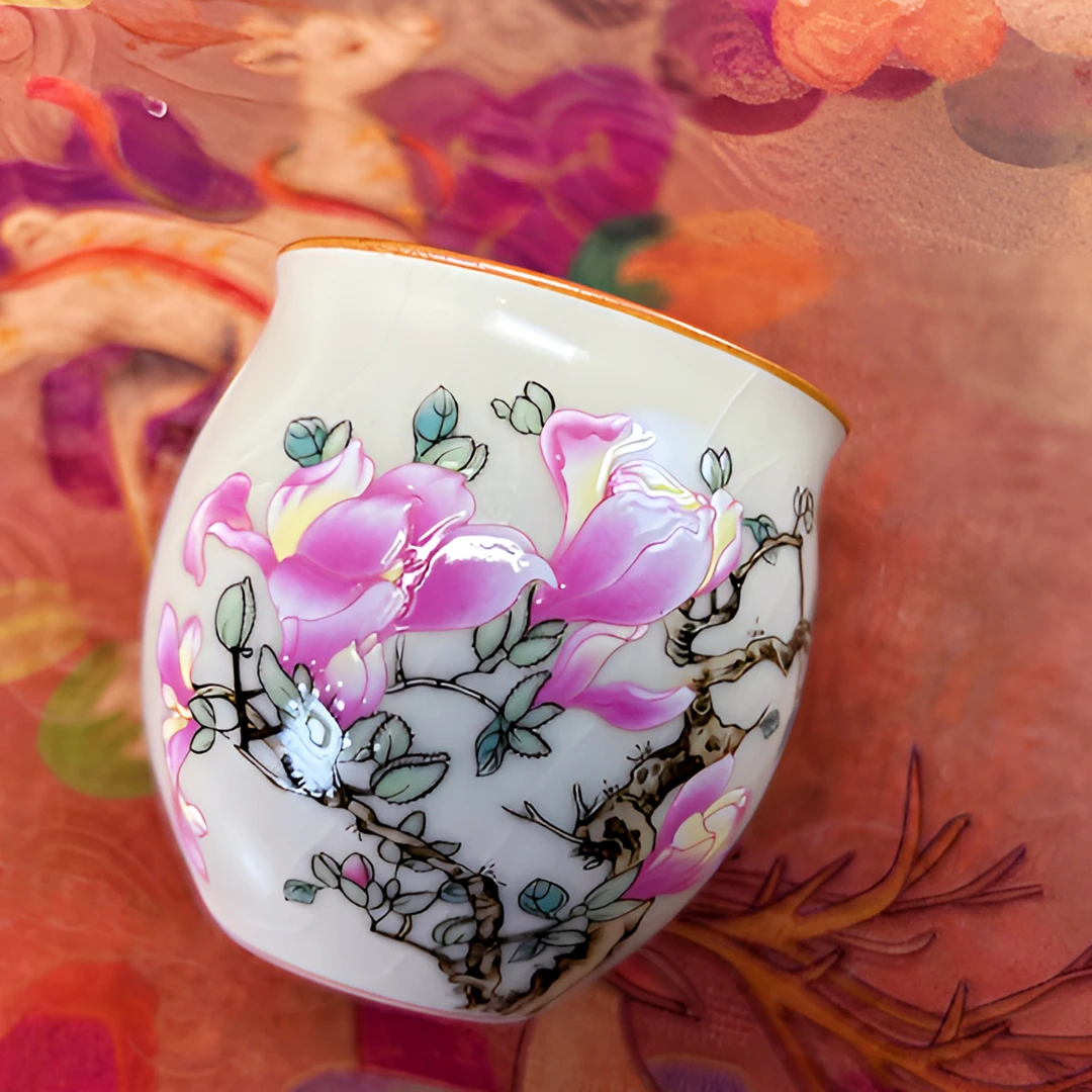 冰片釉玉兰花茶杯陶瓷品茗杯家用泡茶喝茶杯复古主人杯圆融