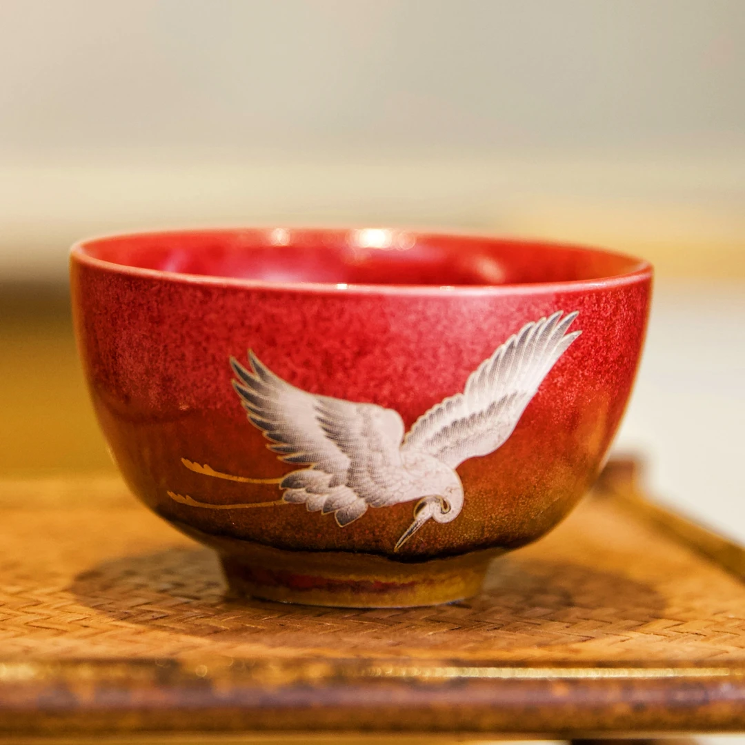 茶杯故宫红仙鹤主人杯品茗杯瑞鹤呈祥窑变酒杯中式陶瓷单杯茶盏