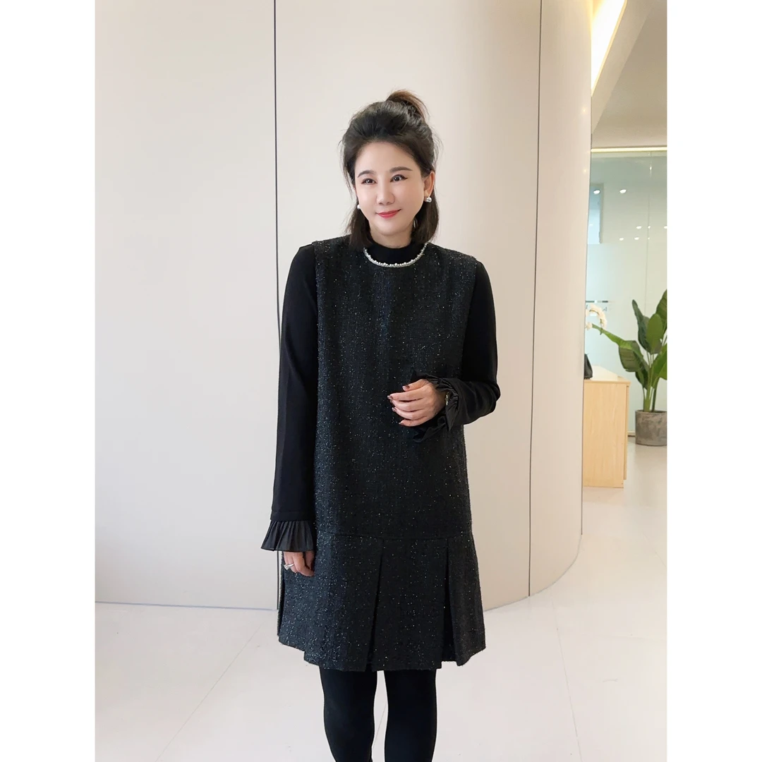 微胖女装【闪闪惹人爱】轻奢香风珠珠背心连衣裙高级感20552