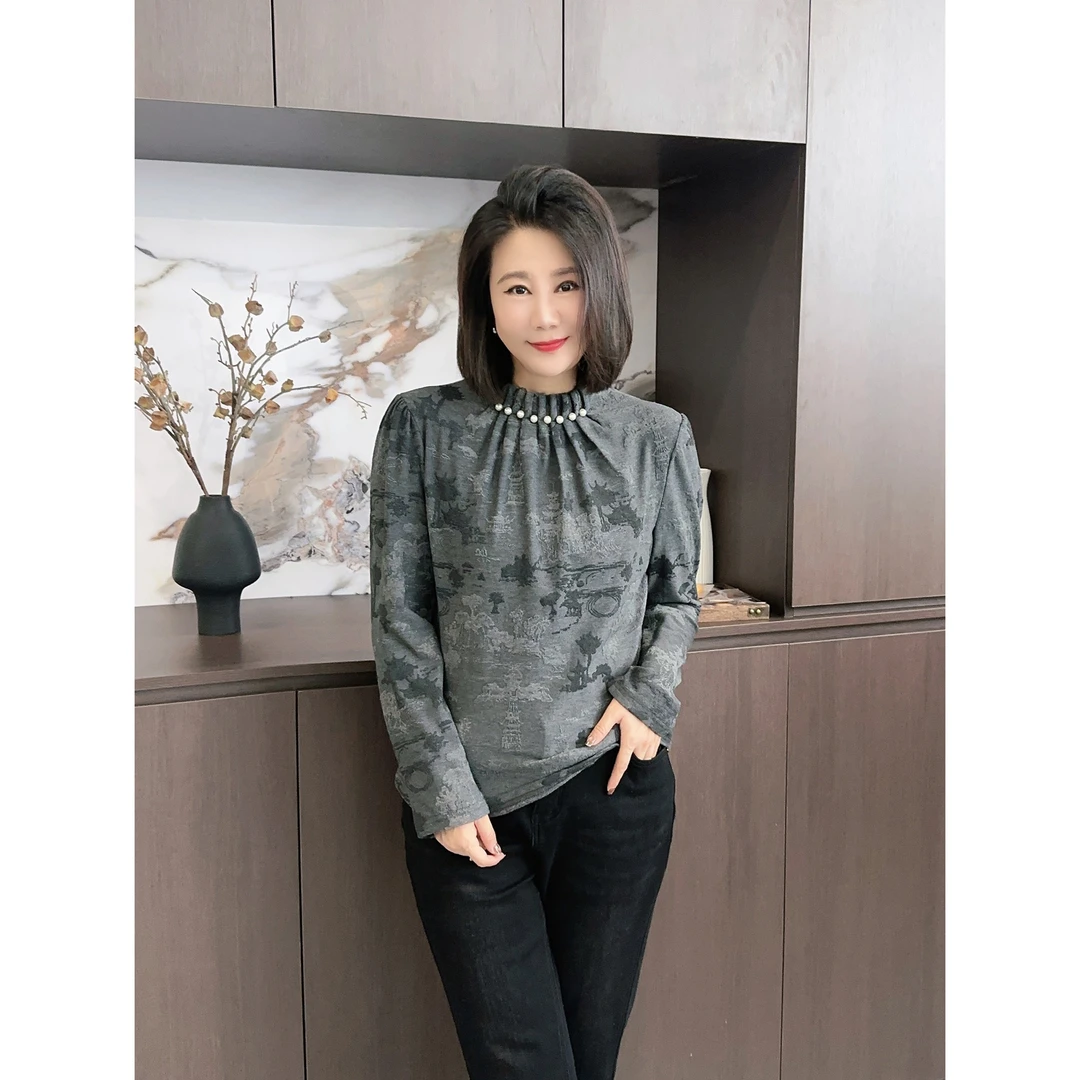 微胖女装【觅归期】褶皱立领珠珠提花拉毛打底衫女长袖T恤20526