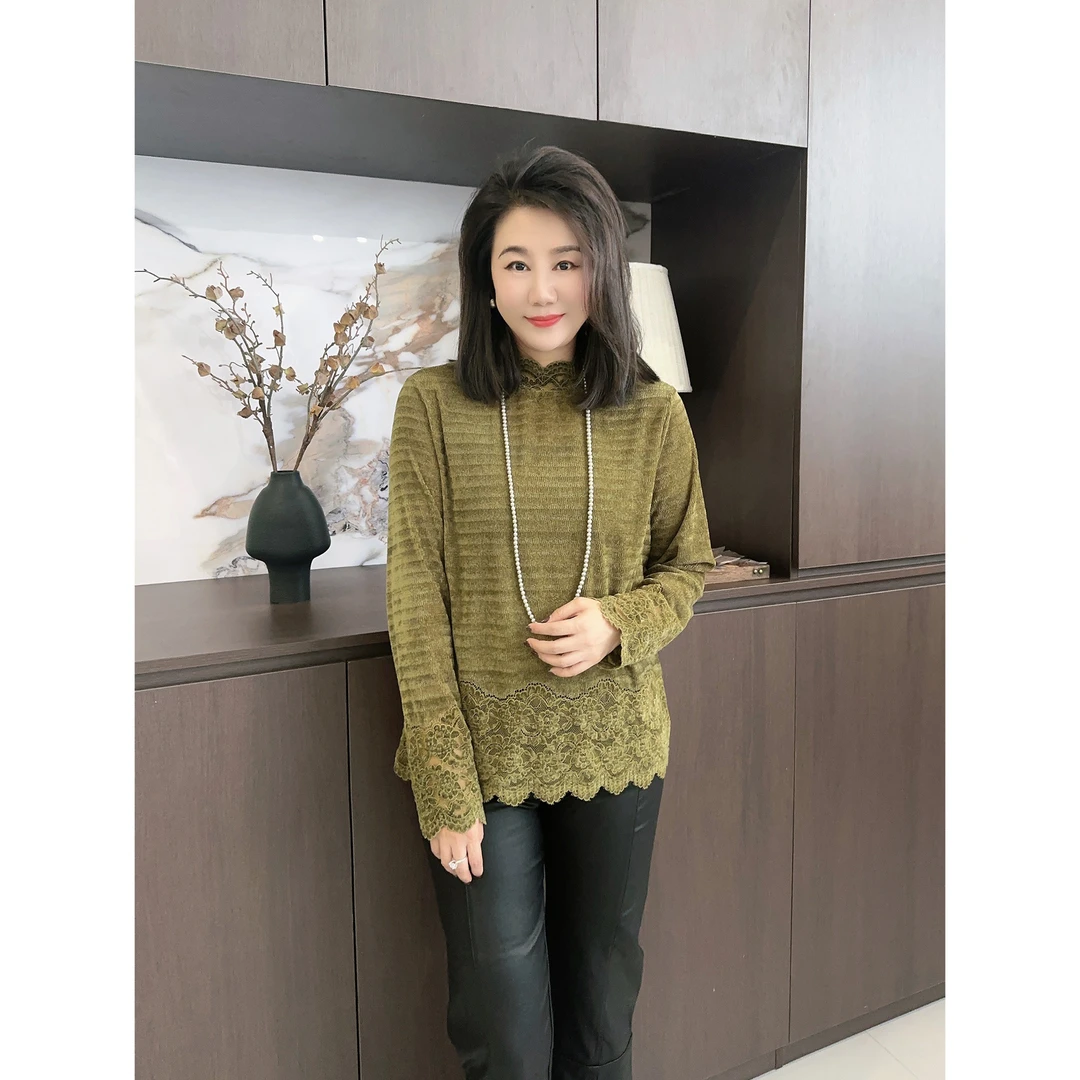 微胖女装【优雅不过时】蕾丝拼接丝绒打底T恤秋冬新款长袖上衣20510