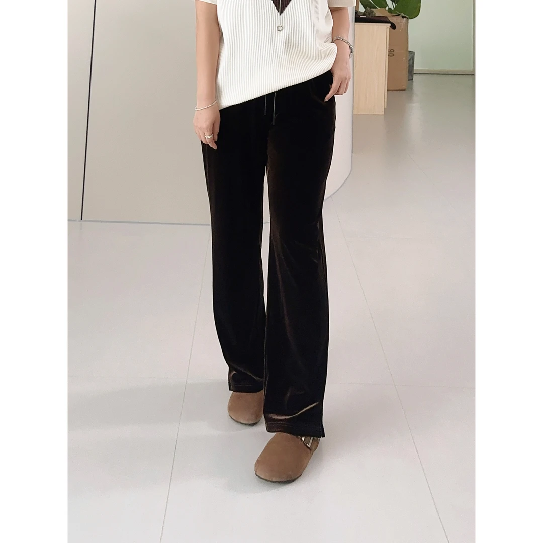 微胖女装【丝绒裤】秋季丝绒开衩直筒裤显瘦时尚高腰宽松垂感511