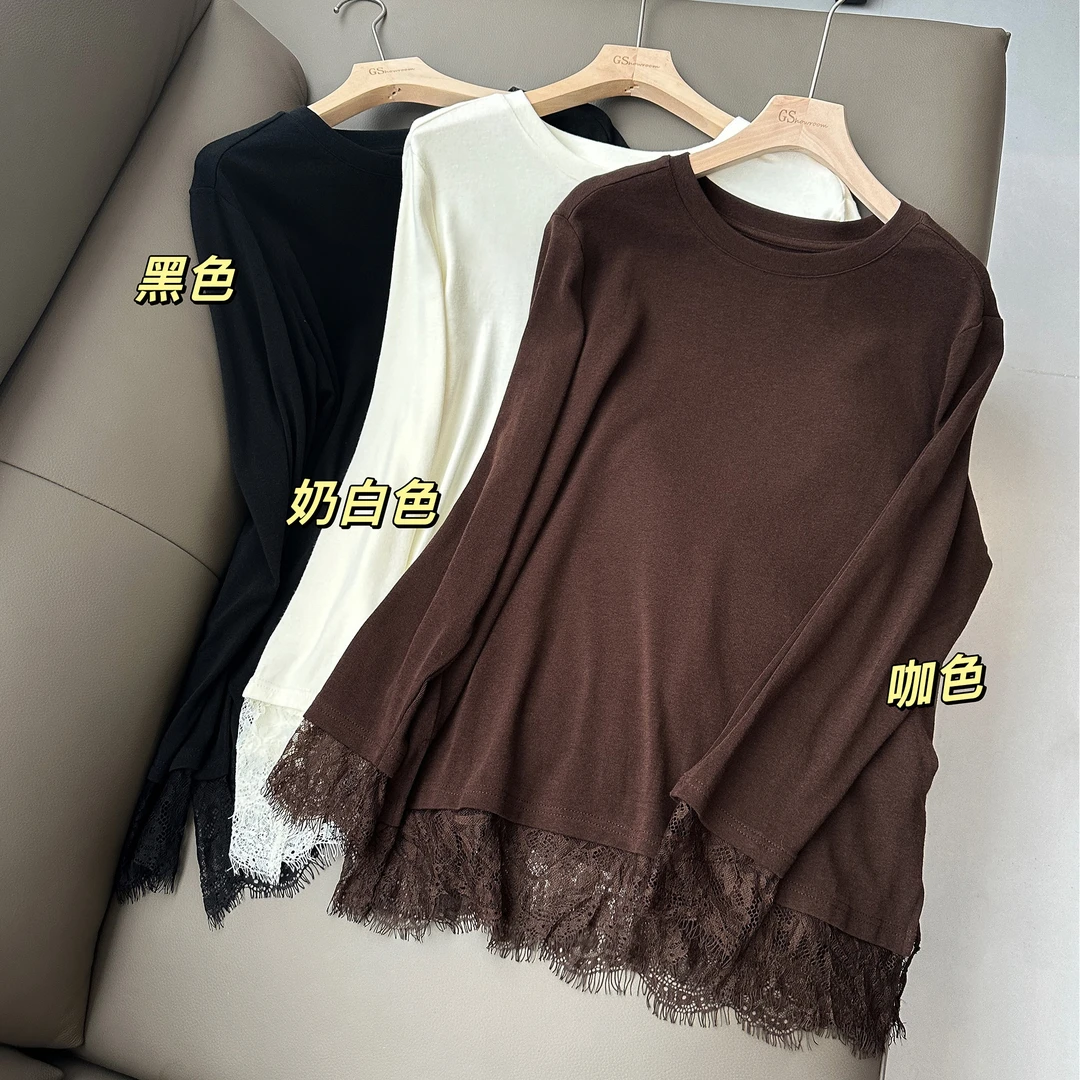微胖女装【心选打底】拼接蕾丝边长袖T恤早秋上新百搭20376