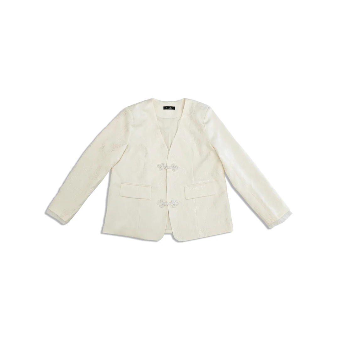 微胖女装【南山】盘扣提花新中式西装外套花边袖口高级感时尚20232