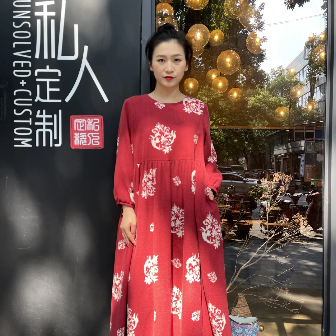 UNSOLVED CUSTOM/未解红色宫廷花稿圆领娃娃裙秋冬打底时尚减龄