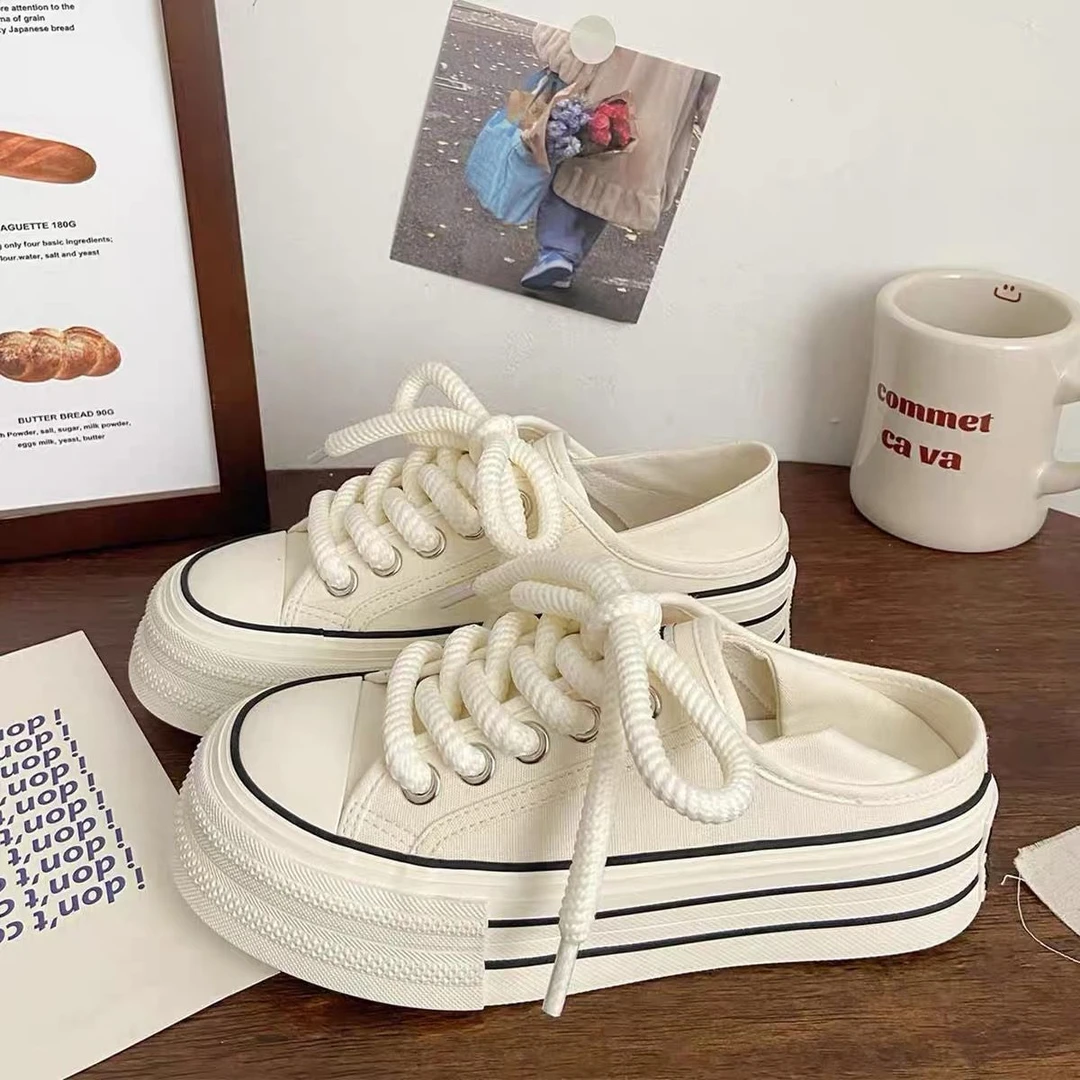 奶白两穿半拖鞋女2024新款夏季小白鞋小个子百搭一脚蹬厚底帆布鞋