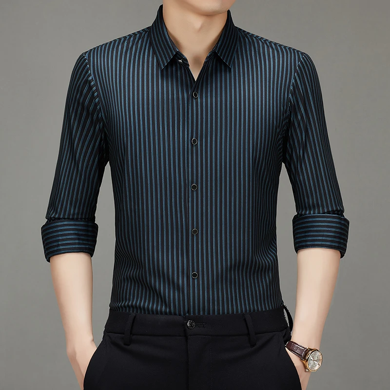 秋冬季男士高档时尚长袖衬衣商务休闲翻领薄款百搭衬衫裤子男