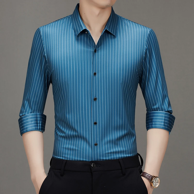 男士男装春秋高档上衣长袖条纹衬衫秋季商务休闲无痕轻奢潮流衬衣