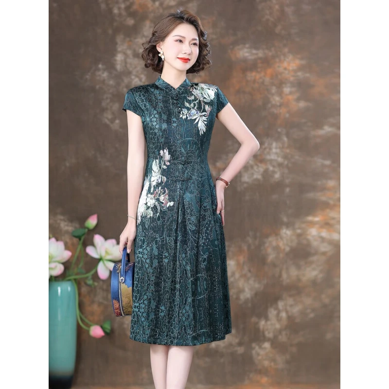 齐黛重磅真丝连衣裙女2023新款短袖气质复古改良旗袍桑蚕丝真丝裙